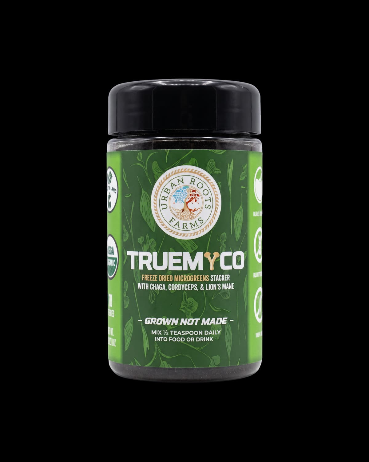 TrueMyco jar, microgreens and functional mushrooms