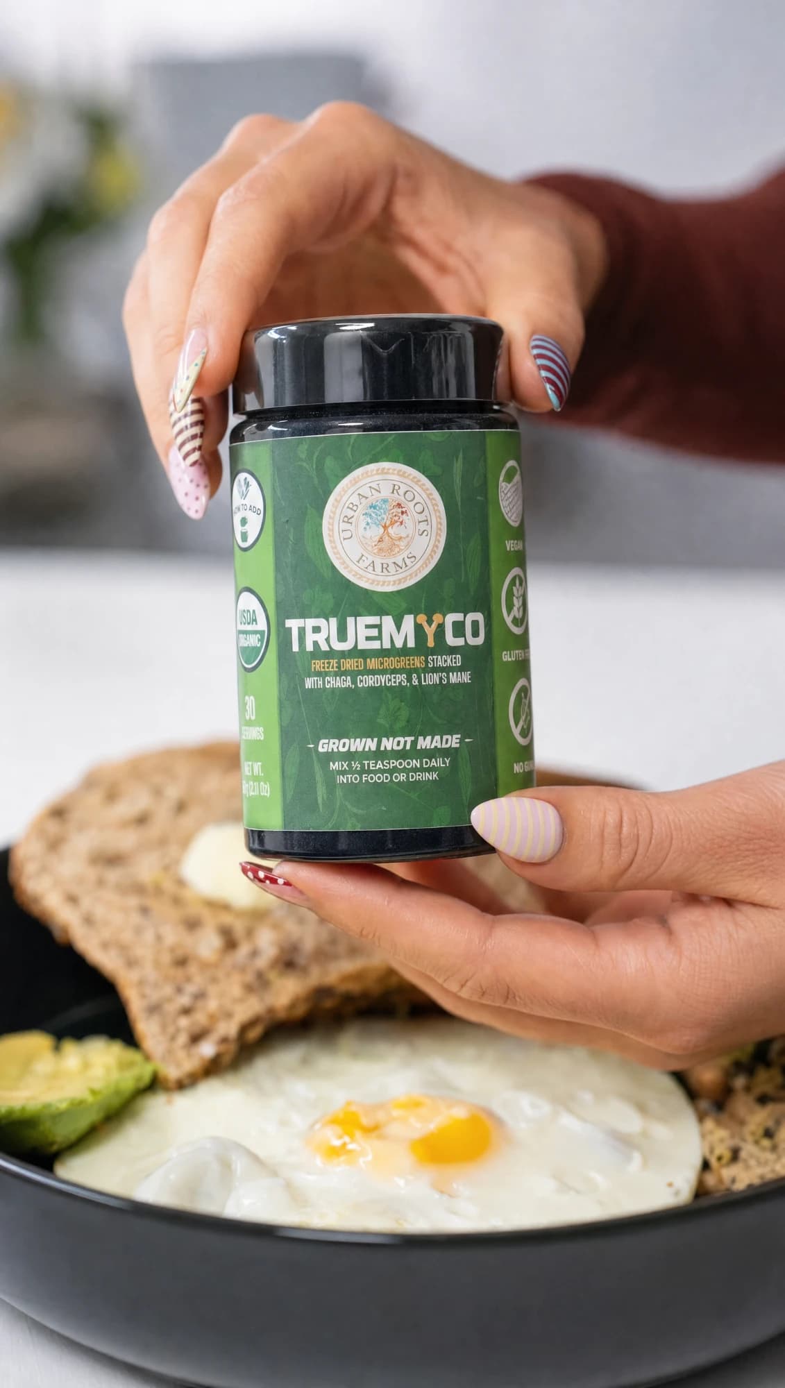 The TrueMyco jar held over breakfast