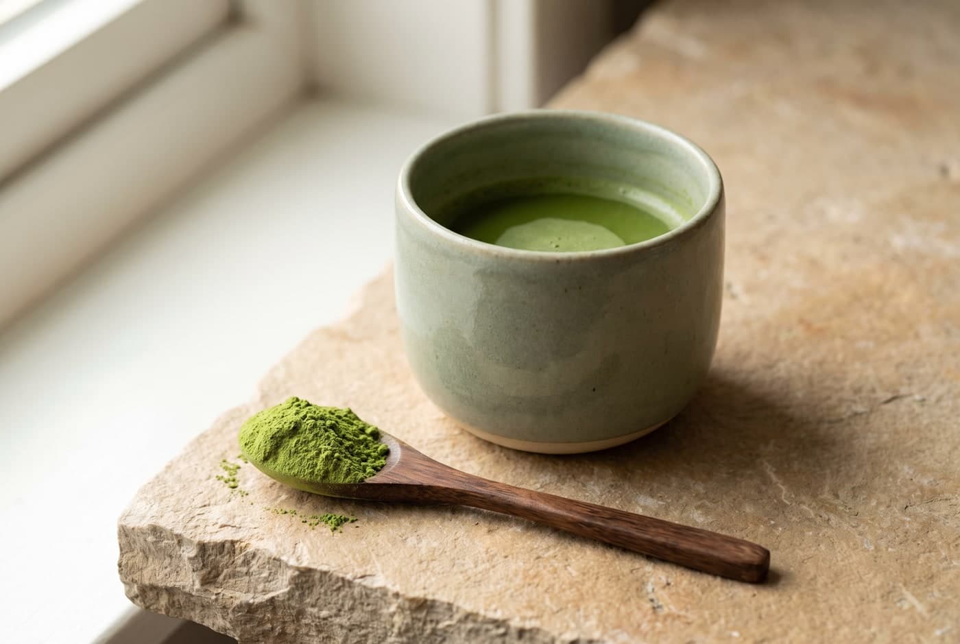 Matcha in a ceramic cup with a spoon of green powder