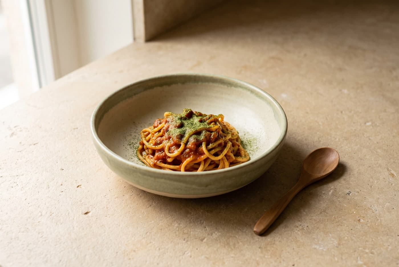 Pasta with a light dusting of green powder