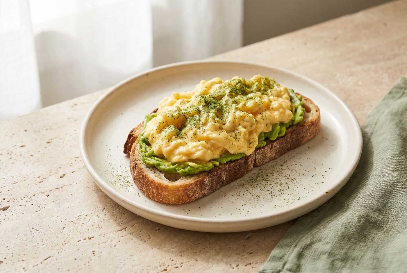 Avocado toast and eggs with green powder