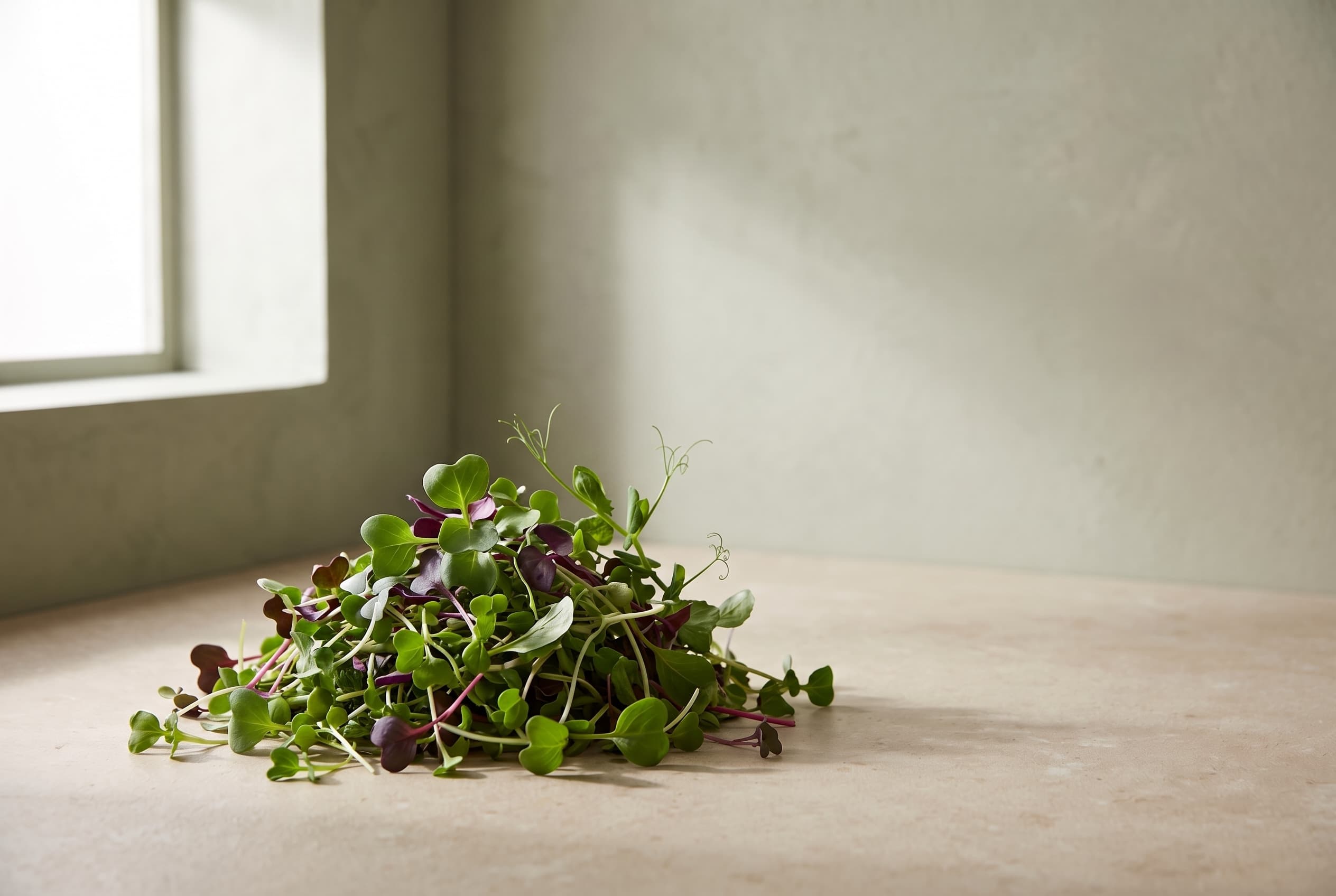 Illustrative still life of fresh microgreens on limestone
