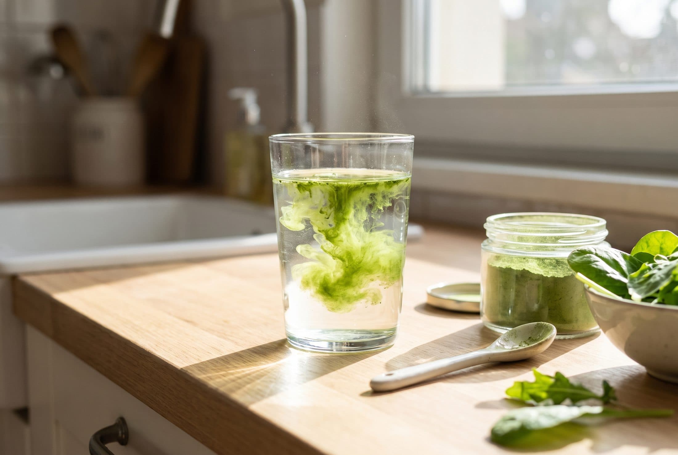 Green powder stirred into a glass of water
