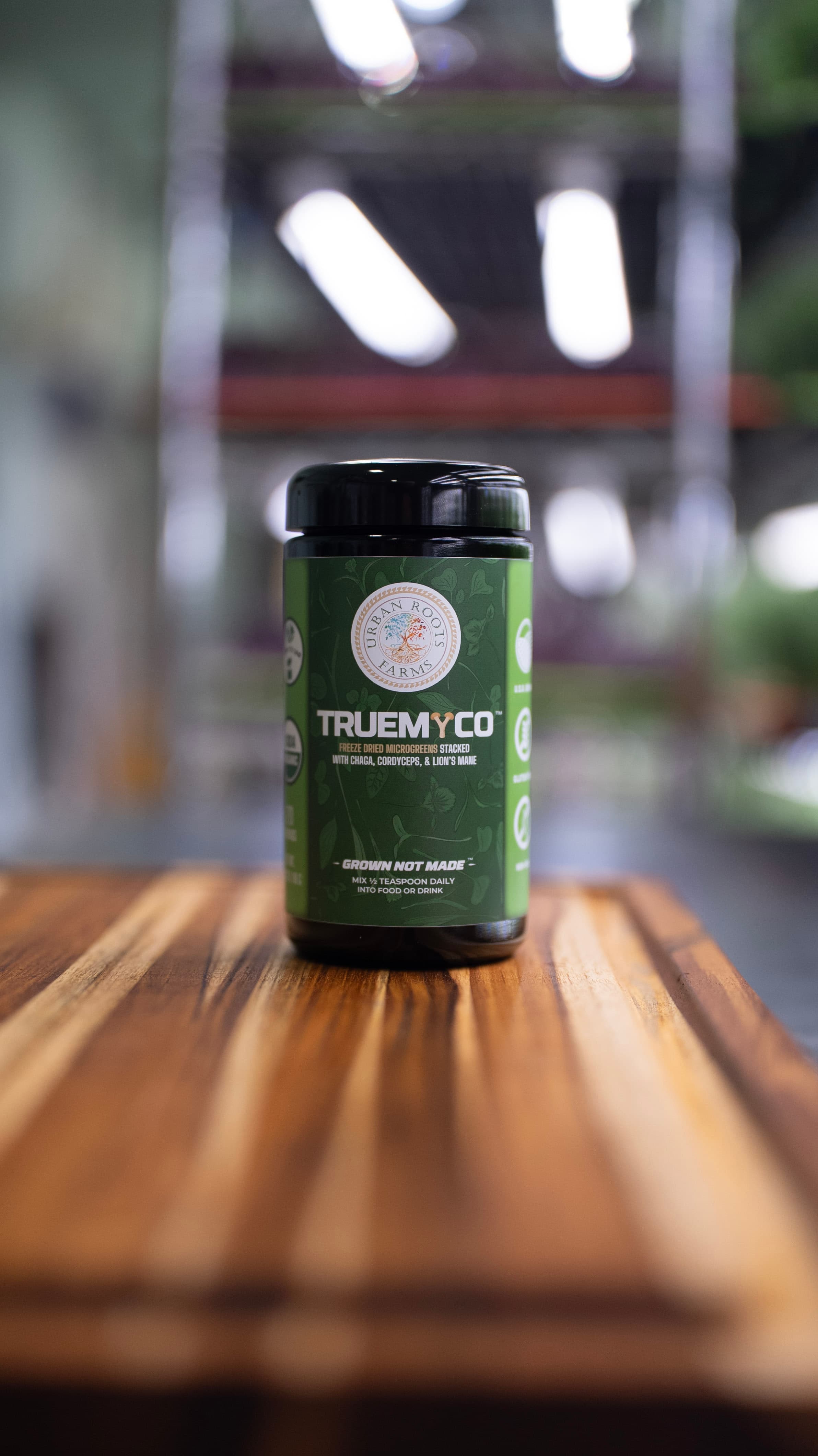 TrueMyco Family jar photographed at Urban Roots Farms