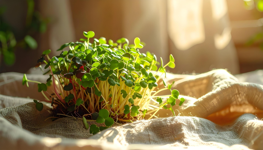Fresh green microgreens growing in sunlight.