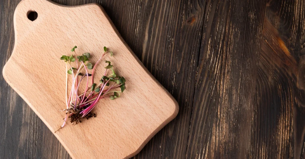 Fresh microgreens on a cutting board, ready for quick, nutritious meals.