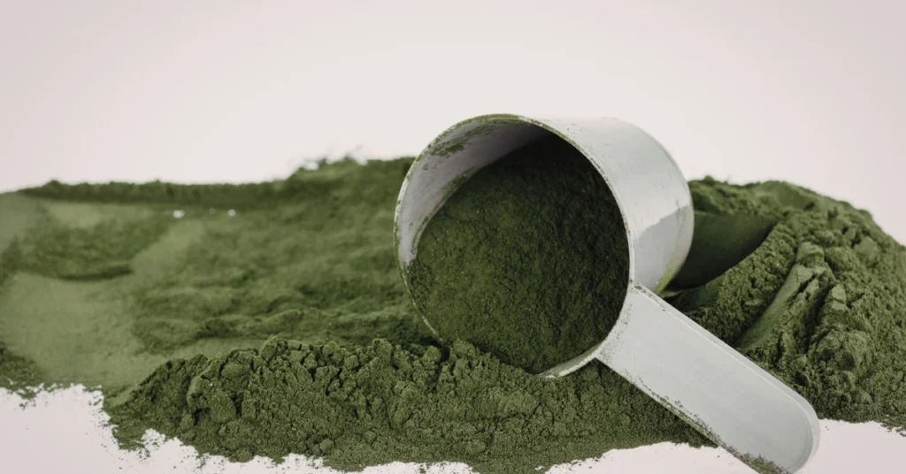 Image representing a greens powder with a scoop.