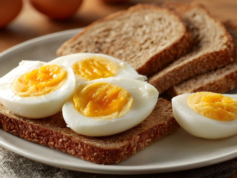 Image showing a simple, hard-boiled egg and whole-grain bread meal.