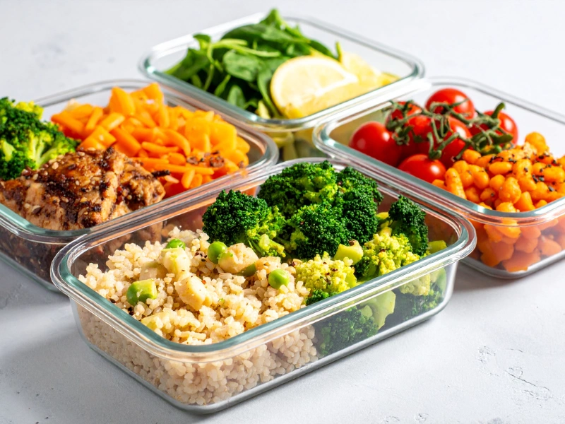 Image showing meal prep ideas with cruciferous vegetables and other nutrient dense foods.