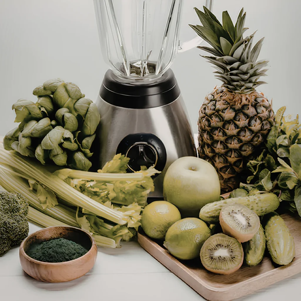 Image of blender, frozen fruit, measuring spoon, greens powder, and smoothie ingredients.