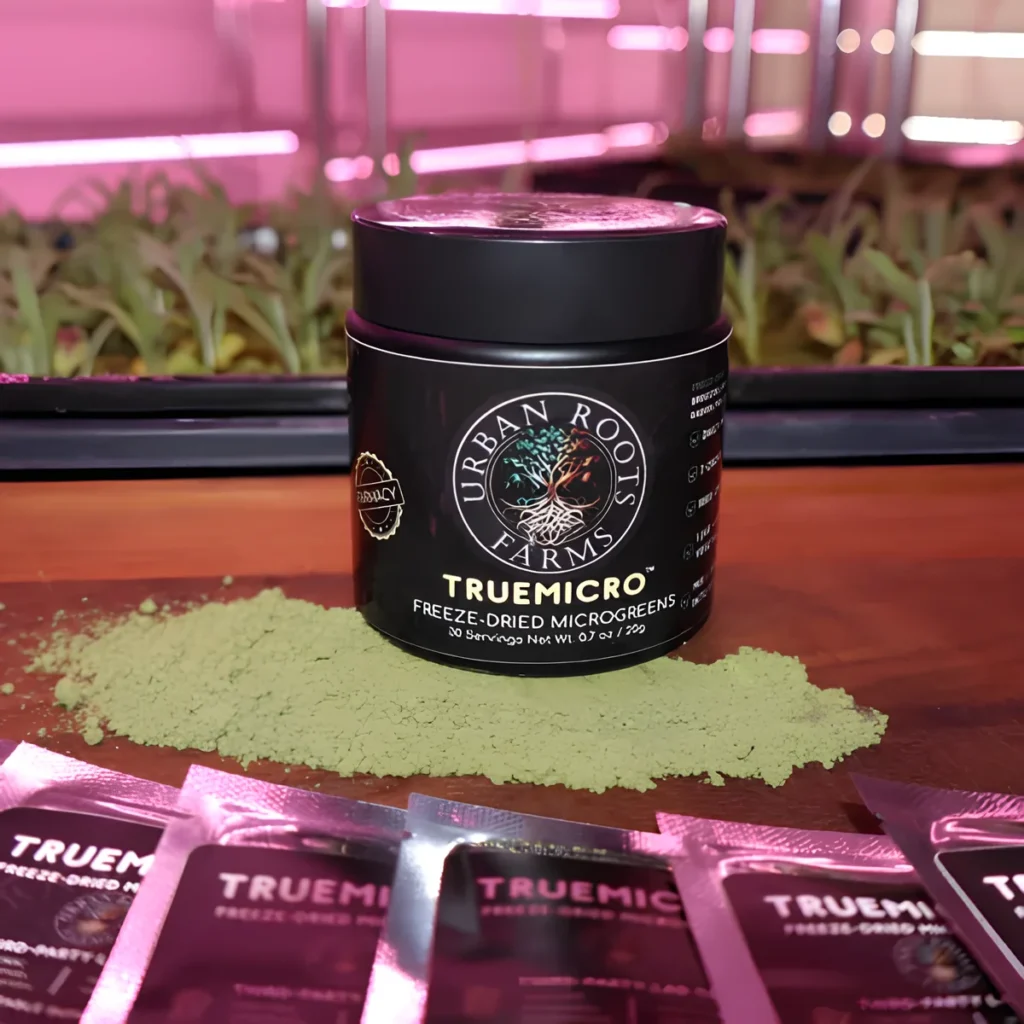 Image of freeze-dried microgreens powder container.