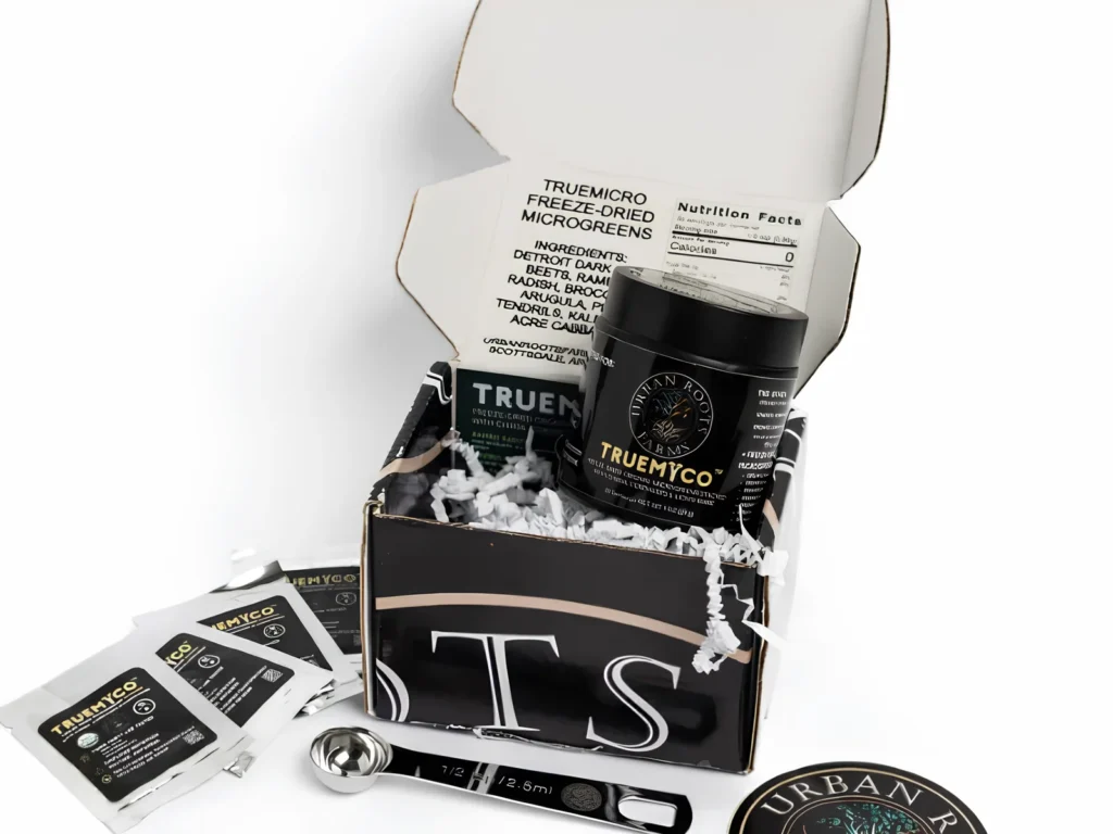 image of a TrueMyco monthy jar alongside servings (single serving packets)